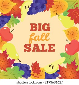 Big fall sale banner. Cute autumn background with leaves and fruits. Vector illustration in a flat style.