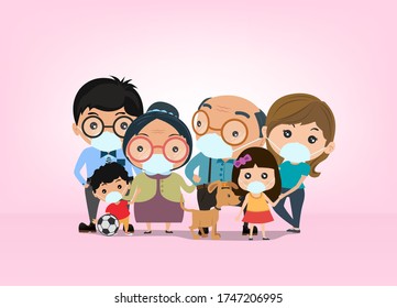 Big families are wear a mask to cover the nose and mouth to protect against viruses and covid-19, vector and illustration.