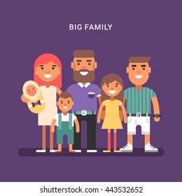 Big Family Of 6 Members, Parents And Four Children Of Different Age. Colored Flat Vector Illustration On Violet Background