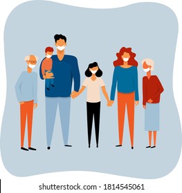 Big family of adults, kids protecting from Covid-19. Parents, grandparents, children stay safe together wearing masks. Mother, teenager girl, father holding little boy, grandma, grandpa. Flat vector