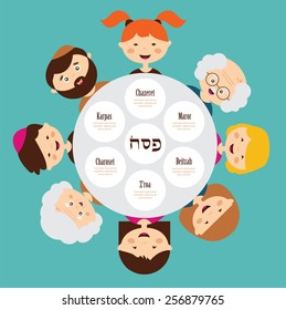 big family around passover plate, pesah in  hebrew. happy holiday. 