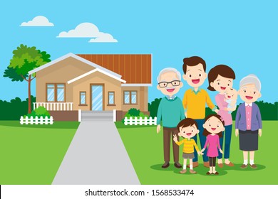 Big family in the background of his home.Happy family in the background of his home.grandfather, grandmother, Father, mother, son and daughter together outdoors.Family standing outside new home.