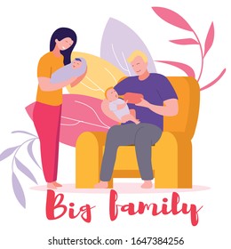 Big Family Banner. Young Parents Feeding Little Children. Father Sitting in Armchair with Toddler Giving him Food from Bottle. Mother Hugging Newborn Baby. Parenthood Cartoon Flat Vector Illustration