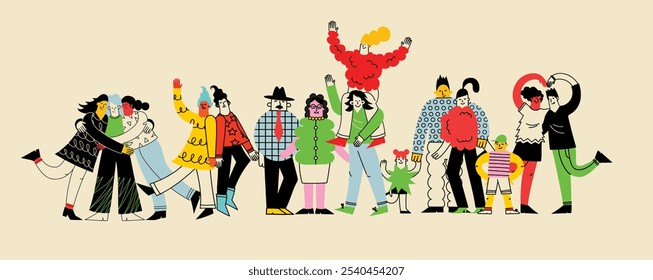 Big family and best friends and concept illustration. Vector illustration of multicultural people and multicultural friendship. Parents, grandparents and kids embrace with love, support.