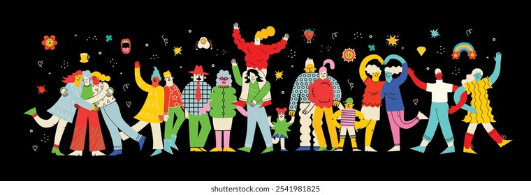 Big family and best friends and concept illustration. Vector illustration of multicultural people and multicultural friendship. Parents, grandparents and kids embrace with love, support.