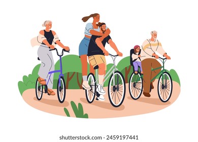 Gran paseo en bicicleta familiar. Jóvenes y ancianos montando en bicicleta juntos. Actividad al aire libre activa saludable, viajes para diferentes edades, generaciones. Ilustración vectorial plana aislada sobre fondo blanco