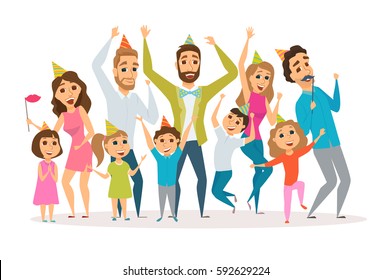 Big family birthday party. Kids and parents celebrate. Mothers, fathers and child in hat dancing and laughing together. Group of happy people have fun. Cartoon characters isolated on white