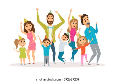 Big family birthday party. Kids and parents celebrate. Mothers, fathers and child in hat dancing and laughing together. Group of happy people have fun. Cartoon characters isolated on white