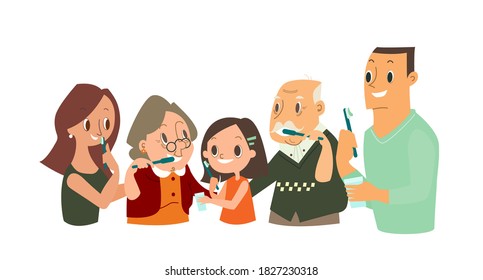 Gran Familia cepillando sus dientes juntos. Ilustración de la vida diaria odontológica y ortodoncia. personaje de caricatura vectorial.