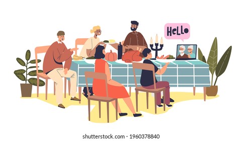 Big Family Call Grandparents Via Video Chat During Thanksgiving Holiday Dinner Sitting At Celebration Table With Traditional Roasted Turkey. Cartoon Flat Vector Illustration