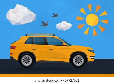 Big family car on trip with polygonal sun, birds and clouds vector illustration