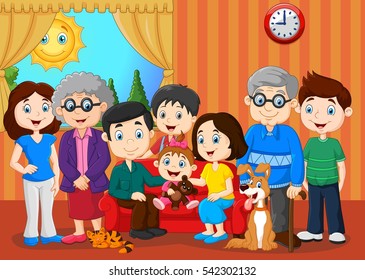 Big Family Cartoon With Grandparents