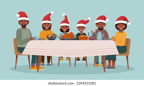 Big family celebrates Christmas around a table with food isolated on blue.