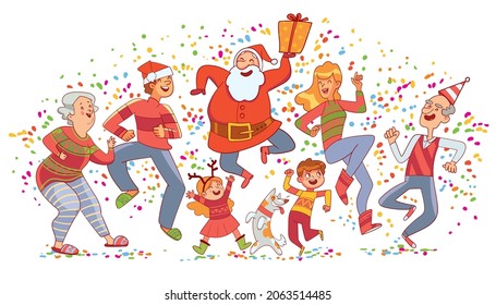 Big family celebrates Christmas with Santa and have fun dancing together. Colorful cartoon characters. Funny vector illustration. Isolated on white background