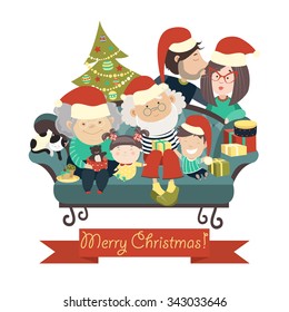 Big family celebrating Christmas. Vector isolated illustration