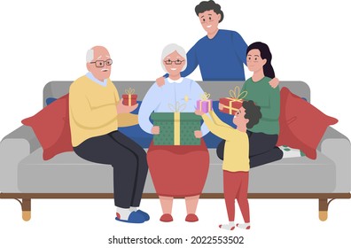 Big family celebrating grandma birthday semi flat color vector characters. Full body people on white. Giving gifts to granny isolated modern cartoon style illustration for graphic design and animation