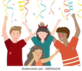 Big family celebrating party Mothers, fathers and child in hat dancing and laughing together. family having a party cheering and dancing in party. flat vector illustration