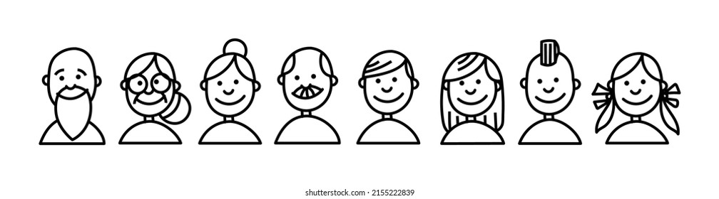 Big family character icons set. Line drawing.	