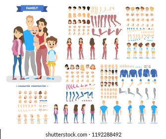 Big family character set for the animation with various views, hairstyle, emotion, pose and gesture. Mother, father and children. Isolated vector illustration in cartoon style