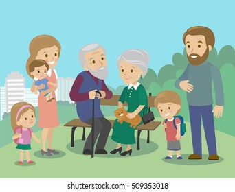 Big family characters with mother father grandmother grandfather kids baby child set. Vector illustration. Familiar meeting in the park
