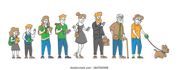 Big Family Children, Parents and Grandparents Stand in Row. School Kids, Teenagers, Adult and Senior Men and Women. Male and Female Characters Time Line, Generations. Linear People Vector Illustration