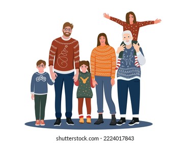 Big family in Christmas sweaters on white background