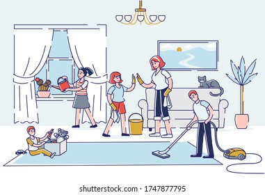 Big family cleaning house living room together. Children helping parents with housekeeping chores. Mother, father and kids doing general housework. Linear vector illustration