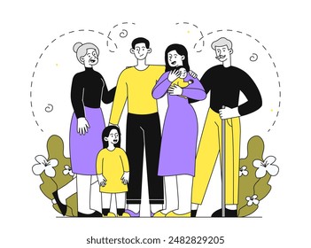 Big family concept. Grandparents, with father and mother with daughter and son. Several generations of family. Young and old family members. Linear vector illustration isolated on white background