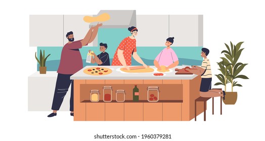 Big Family Cook Pizza At Home Kitchen. Happy Parents And Kids Preparing Traditional Italian Dish, Spend Time Together Before Dinner. Cartoon Flat Vector Illustration