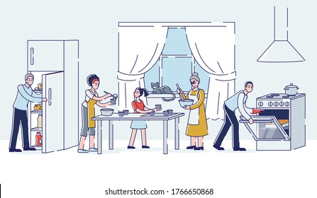 Gran familia cocinando juntos en la cocina de casa. Familia de tres generaciones preparando comida. Abuelos, madre, padre e hija preparando platos para la cena. Ilustración vectorial lineal