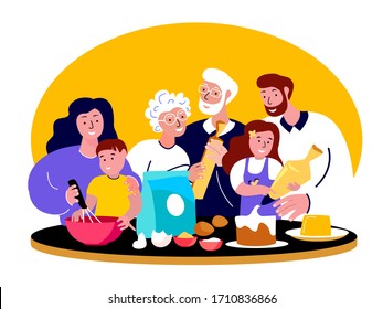 Big Family Cooking Together in Kitchen.Woman Mother Knead Dough,Father, Daughter Glazing Cake. Husband,Wife,Grandchild. Old Aged Pensioner Grandparents.Grandmother,Grandfather.Flat Vector Illustration