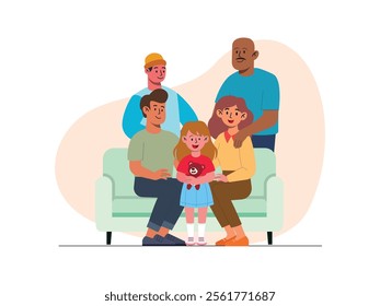 big family, a couple is sitting on the sofa, their daughter is standing in the middle with her doll, behind them is their grandfather and son standing.
design, vector, illustration