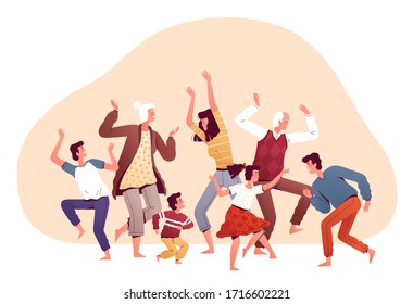 Big family dancing together. Happy parents, children and grandparents have fun, play and have a good time. Dancing at home. Family home entertainment