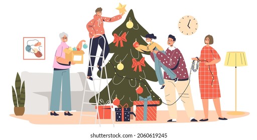 Big family decorating christmas tree together hanging decoration balls, garland and star on fir pine in living room. New year and winter holidays preparation concept. Cartoon flat vector illustration