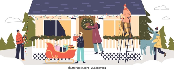 Big family decorating house for Christmas hanging garland, wreath and putting reindeer with santa sleigh outdoors. People prepare for xmas and new year winter holidays. Flat vector illustration