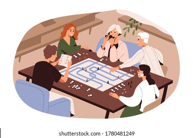 Big family of different generations playing board game vector flat illustration. Grandparents, parents and kid enjoy home leisure activity isolated on white. Happy relatives spending time together