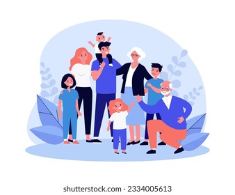 Big family of different generations vector illustration. Drawing or portrait of happy children, parents, grandparents standing together. Family, communication, love, connection, relationship concept