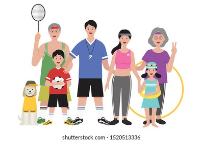 Big Family In Different Sport Suit Flat Cartoon Character Design