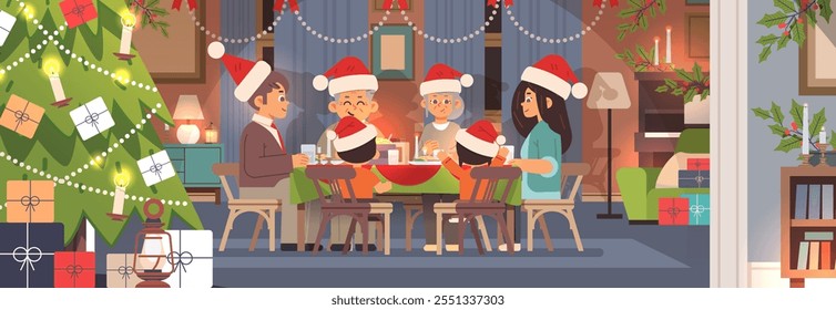 Big family dines in cozy Christmas atmosphere. Festive holiday scene flat vector illustration