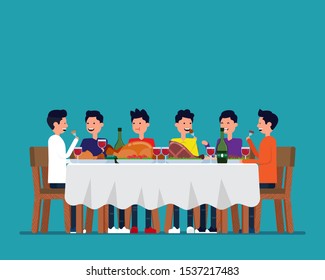 Big family dining together. Vector illustration celebration  and meeting concept. Happy cartoon flat vector design.