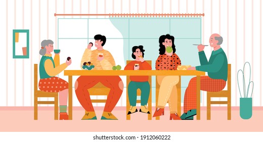 Big family dinner - cartoon people eating food behind big table. Parents, grandparents and child having lunch together in cozy room interior, vector illustration