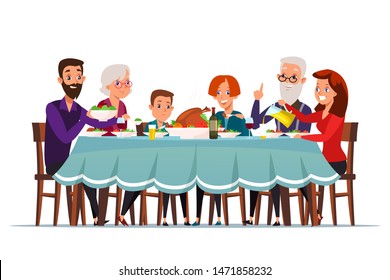 Big Family Dinner Flat Vector Illustration. Grandparents, Parents And Children Sitting At Served Festive Table, Spending Time Together Cartoon Characters. Holiday Celebration At Home Isolated Clipart