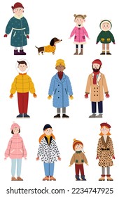 Big family with dog in stylish winter clothes on white backgroun