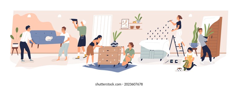 Big family during home repair. People making renovation of living room in apartment. Parents with kids redecorating house interior together. Flat vector illustration isolated on white background - Shutterstock ID 2023607678
