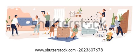 Big family during home repair. People making renovation of living room in apartment. Parents with kids redecorating house interior together. Flat vector illustration isolated on white background [[stock_photo]] © 