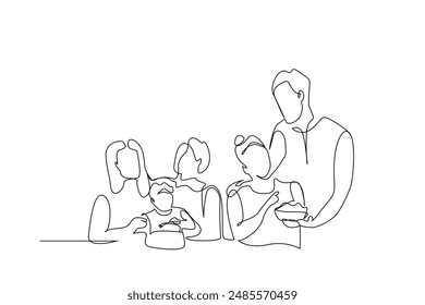 familia grande comiendo juntos madre padre niños personas momentos felices una línea arte diseño Vector