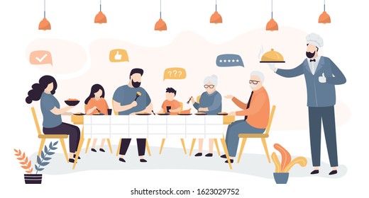 Big family eats in cafe or restaurant. Handsome chef or waiter with a tray. Grandparents, Parents with children sit at a table in cafe and have lunch. People celebrate. Vector illustration