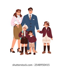 Una gran familia de nacionalidad europea permanece unida. Madre feliz, padre en traje, niños en uniforme escolar se toman de las manos, se abrazan. Padres e hijos. Ilustración vectorial aislada plana sobre fondo blanco