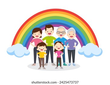 big family Exercise together for good health and rainbow background