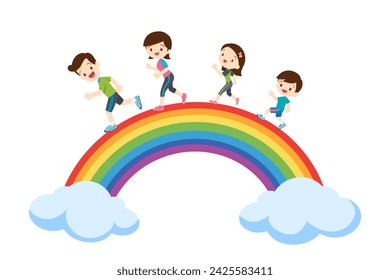 Familia grande Ejercicio juntos para una buena salud y fondo de arco iris